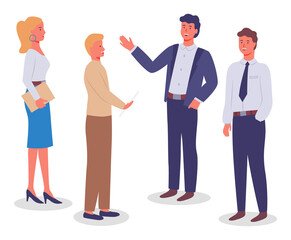 Group of people stands and communicates. Blond woman with folder, blond man with paper, men gesturing. Office meeting. Employees, colleagues or office staff. Communicate and work. Flat vector image