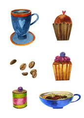A set of illustrations on the coffee theme. Blue coffee cups, cupcakes, cakes, coffee beans. Watercolor illustrations isolated on a white background. For the design of menus, postcards, souvenirs.