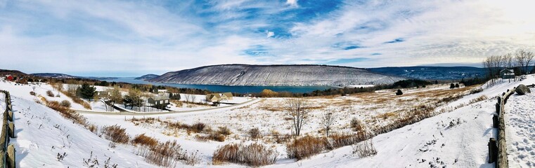 Winter Panoramic view of Canandaigua Lake, mountain and valley, from Scenic Overlook in town of South Bristol. The Lake is the fourth longest of the Finger Lakes in the U.S. state of New York.	