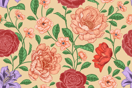 Fullcolor seamless pattern. Roses and peonies. Vector.