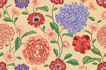 Fullcolor seamless pattern. Garden flowers roses and peonies. Vector.