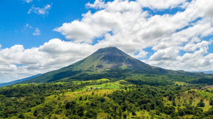 Amazing view of beautiful nature of Costa Rica with smoking volcano Arenal background. Panorama of...