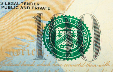 Hundred dollar bill close up. Beautiful original cash flow. One hundred bucks as a background on a long banner in high resolution.