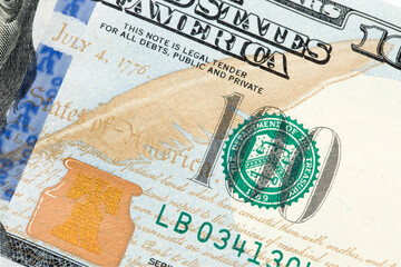 Hundred dollar bill close up. Beautiful original cash flow. One hundred bucks as a background on a long banner in high resolution.