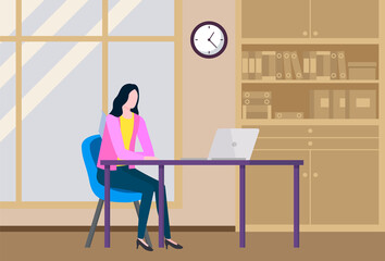 Employee or secretary at the table with a laptop. Smiling businesswoman working at her office workplace flat style illustration. Happy girl office worker enterpreneur performs work on a computer