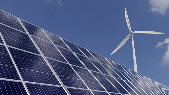 Solar panels and wind turbines to generate electricity And bright sky future energy - 3d render.