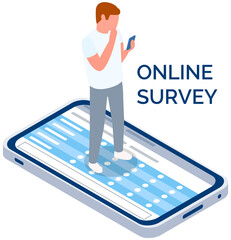 Man is working or studying on smartphone. Online learning concept. Cartoon character evaluating test and summarizing results. Phone showing plan or schedule. Expert analyzes schedule on screen