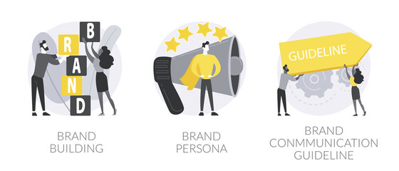 Business branding abstract concept vector illustration set. Brand building, brand persona and communication guideline, communication strategy, target marketing, visual identity abstract metaphor.