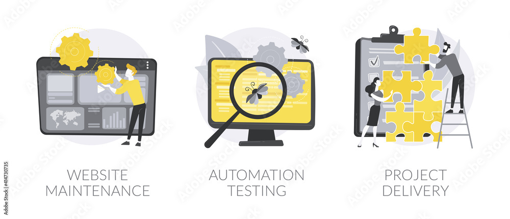 Sticker web development and support abstract concept vector illustration set. website maintenance, automatio