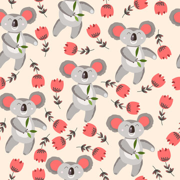 Seamless pattern with cute koala baby and flowers on color background. Funny australian animals. Card, postcards for kids. Flat vector illustration for fabric, textile, wallpaper, poster, paper.