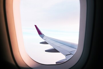 Airplane wing on a flight above the clouds during the sunset. Holiday trip with a plane