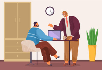 Businessmen dressed in casual clothes are sitting table with laptops and talking colleague. Office workers discussing project. Business meeting and consideration of working moments. Friendly team work