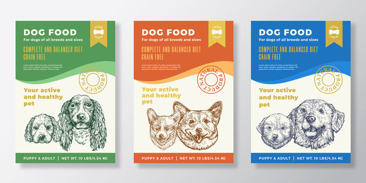 Dog Food Label Templates Set. Abstract Vector Packaging Design Layouts Collection. Typography Banners with Hand Drawn Spaniel, Corgy and Retreiver Puppy and Adult Sketch Faces Background. Isolated