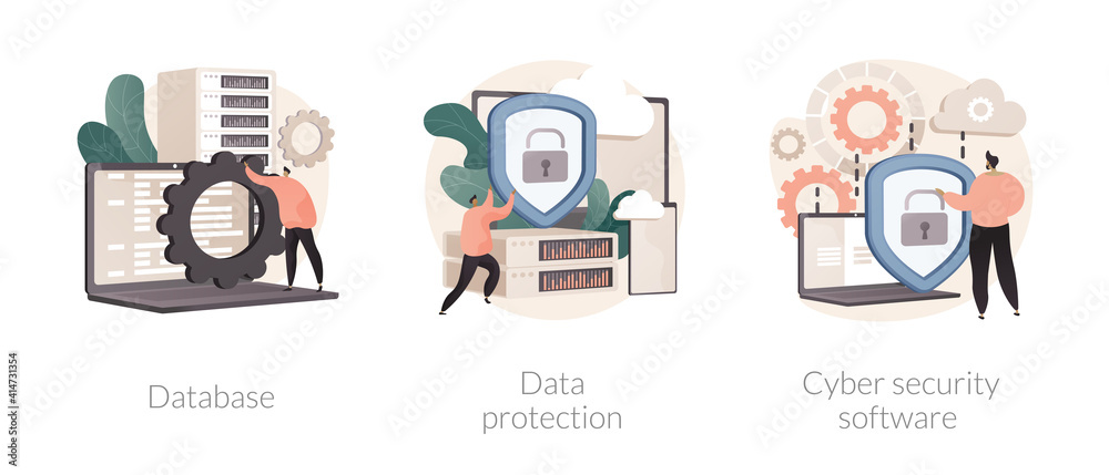 Poster cloud computing network safety abstract concept vector illustration set. database data protection, c