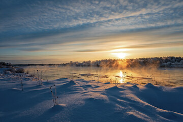 Winter morning on the Velikaya River, Pskov region, Russia