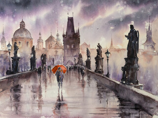 Charles Bridge, historic bridge that crosses the Vltava river, Prague, Czech Republic.Picture created with watercolors.