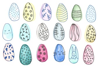 Easter background with eggs hand drawn black on white background. Decorative Esater eggs pattern in pastel colors. Easter eggs with ornaments and watercolor dots.