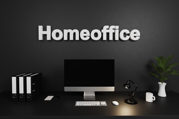 modern clean office workspace with computer screen and dark concrete wall; homeoffice lettering concept; 3D Illustration