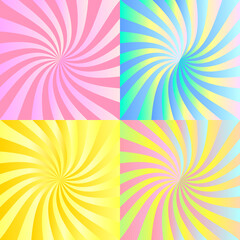 Abstract iridescent square backgrounds made of stripes twisting in a spiral. 4 backgrounds as design elements isolated from each other.