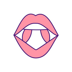 Mouth problem RGB color icon. Dental and oral health. Swollen neck glands. Fever blisters. Canker sores. Viral infection. Shallow wounds in mouth. Painful areas in gums. Isolated vector illustration
