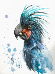 Portrait of Black Palm Kakadu parrot -hand painted watercolor illustration. © dannywilde