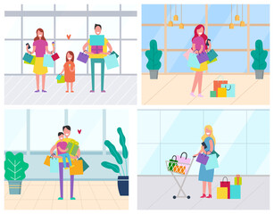 Family shopping in stores vector, man and woman with bags. Buyer with trolley, father and mother with daughter eating ice cream dessert shopaholic