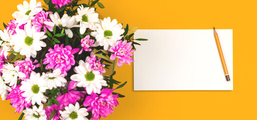 Spring mockup with bouquet of flowers, women's day or mother's day template or layour design with blank paper, copy space