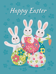 Easter Bunny and eggs in a flat style - card.  Vector Template greeting card, banner, poster with a bunny and Easter eggs. 