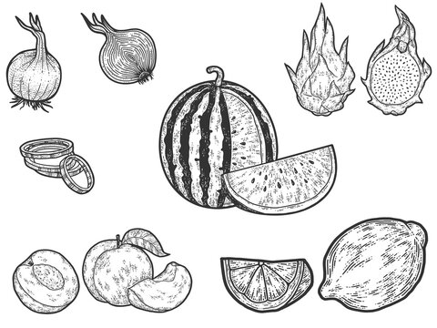 Set of vegetables and fruits. Whole and sliced. Sketch scratch board imitation.