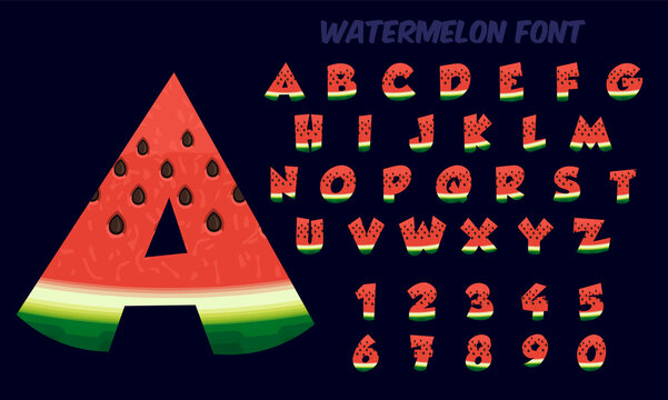 Alphabet letters and numbers made of red watermelon slices, isolated on a dark background, stylized font, vector illustration 
