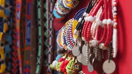 Close up of colorful beaded earrings, popular African jewelry