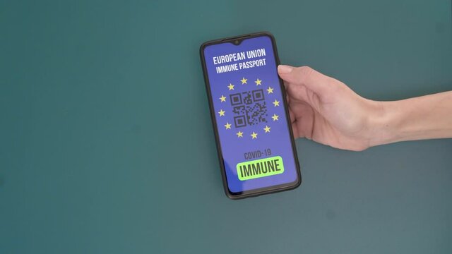 European union covid immunization digital passport. Hands with phone top down shot
