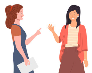 Happy meeting of two friends, women are glad to see each other, emotional meeting of colleagues at work. Surprised cartoon female characters raised hands get ready to give five, good relationship