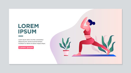 Yoga class landing page design. Web page template for yoga studio, fitness room, personal training.Woman doing yoga exercise.