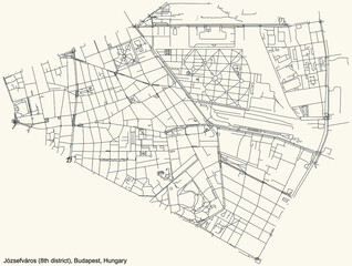 Fototapeta na wymiar Black simple detailed street roads map on vintage beige background of the neighbourhood Józsefváros 8th district (VIII kerület) of Budapest, Hungary