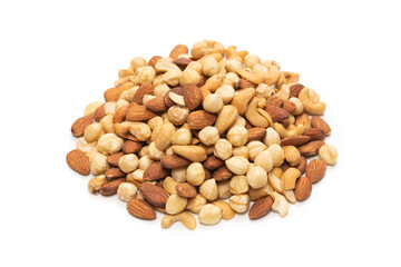 Mix of nuts isolated on white background. Top view.