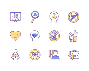 Fototapeta premium Procrastination RGB color icons set. Low self-esteem and depression. Life challenges overcome. Chronic dissatisfaction. Destructive behavior. Losing motivation at work. Isolated vector illustrations
