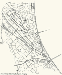 Black simple detailed street roads map on vintage beige background of the neighbourhood Várkerület 1st district (I kerület) of Budapest, Hungary