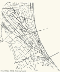 Fototapeta na wymiar Black simple detailed street roads map on vintage beige background of the neighbourhood Várkerület 1st district (I kerület) of Budapest, Hungary