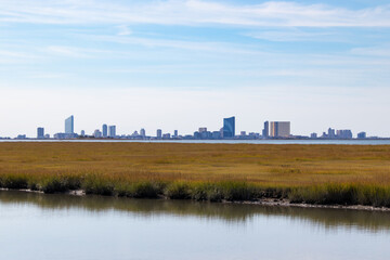 Fototapeta na wymiar Looking across the bay at the Atlantic City skyline on a clear day