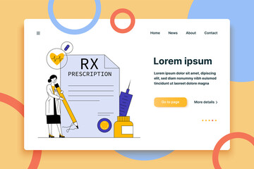 Pharmacist signing drug prescription flat vector illustration. Pharmaceutical painkiller medication RX prescription for sick patient. Pharmacy, healthcare, and medicine concept.