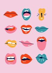 Vector illustration female mouths. Colorful lipstick. Various of mimic, emotions, facial expressions. Poster for print.