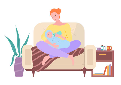 Mother feeding her baby with bottle. How to take care of the child flat vector illustration. A woman sitting on a chair with the baby in her arms. Mom holds a bottle of milk for a small child
