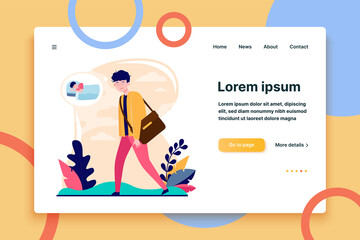 Tired adult office employee going to work without coffee flat vector illustration. Sleepy adult sad man wishing sleep. Morning and lack of sleep concept