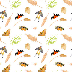 Hand-drawn watercolor seamless pattern with moths and dried flowers on a white background. Illustration with dark butterflies, pampas grass and palm leaves.
