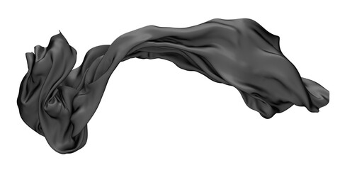 Wavy black satin fabric on a white background