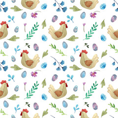 Hand drawn watercolor easter seamless pattern with chickens and speckled eggs on a white background. Cute Easter print with blue and purple eggs and leaves, decorative chicken.

