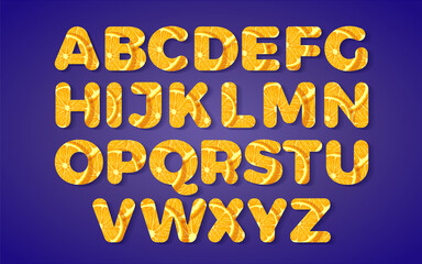 Alphabet letters made of orange fruit slices, isolated on a dark blue background, vector illustration 