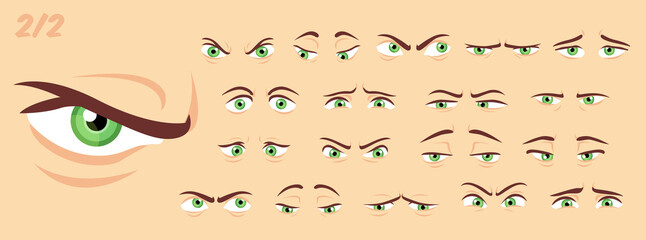 Male, female abstract cartoon eyes, eyebrows, eyelashes expression variations, emotions collection set 2/2, vector illustration