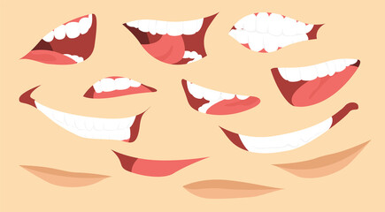 set of cartoon mouths, red lips, white teeth, isolated vector illustrations